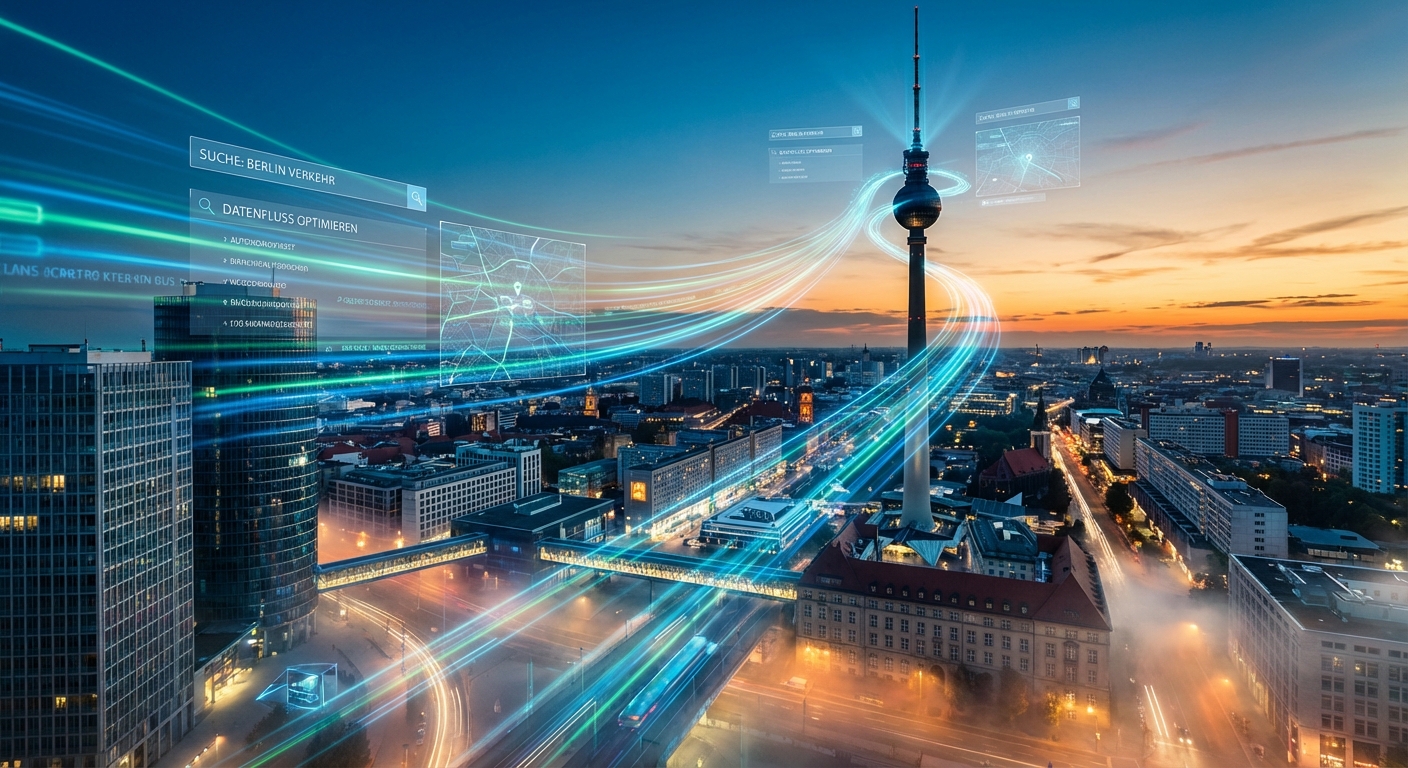 Futuristische Berlin-Skyline mit Fernsehturm umgeben von leuchtenden Datenströmen bei Sonnenuntergang