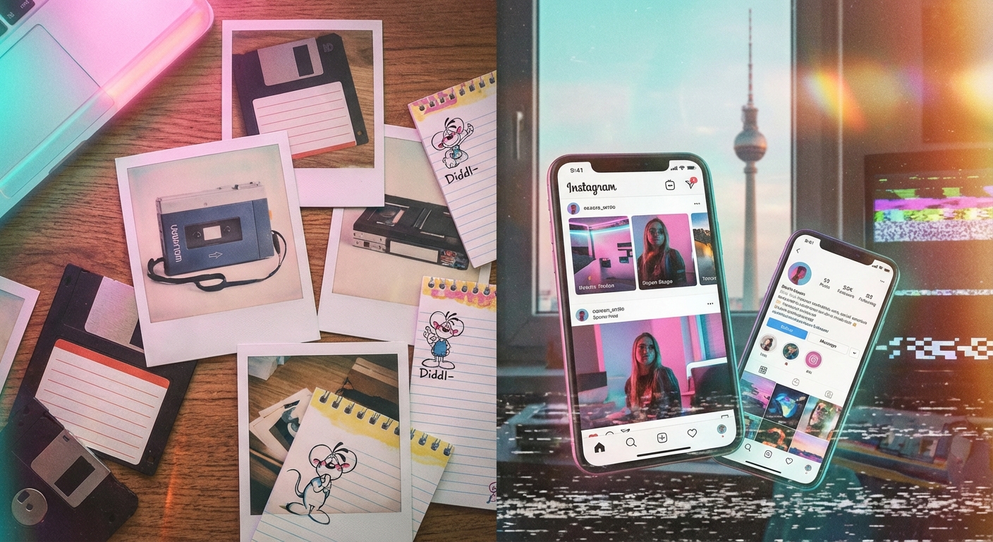 Nostalgische 90er-Jahre-Objekte verschmelzen mit modernen Social-Media-Elementen vor Berliner Skyline