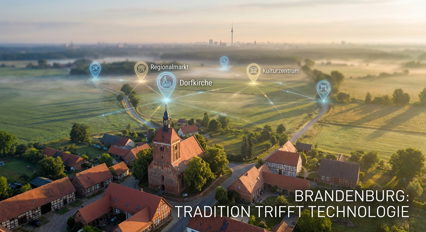 Luftaufnahme Brandenburger Landschaft mit digitalem Standort-Netzwerk bei Sonnenaufgang