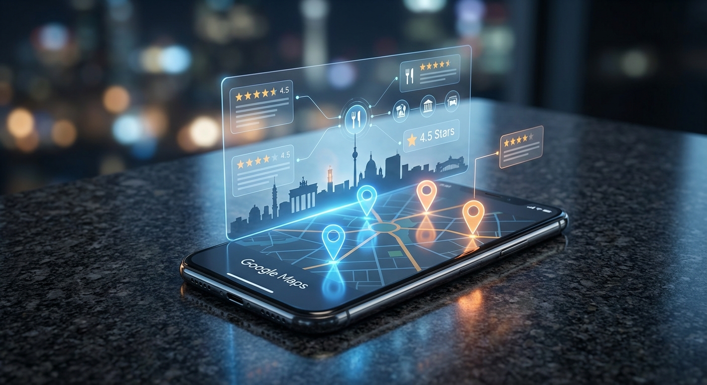 Smartphone mit Google Maps und leuchtenden Standortmarkierungen über stilisierter Berliner Skyline