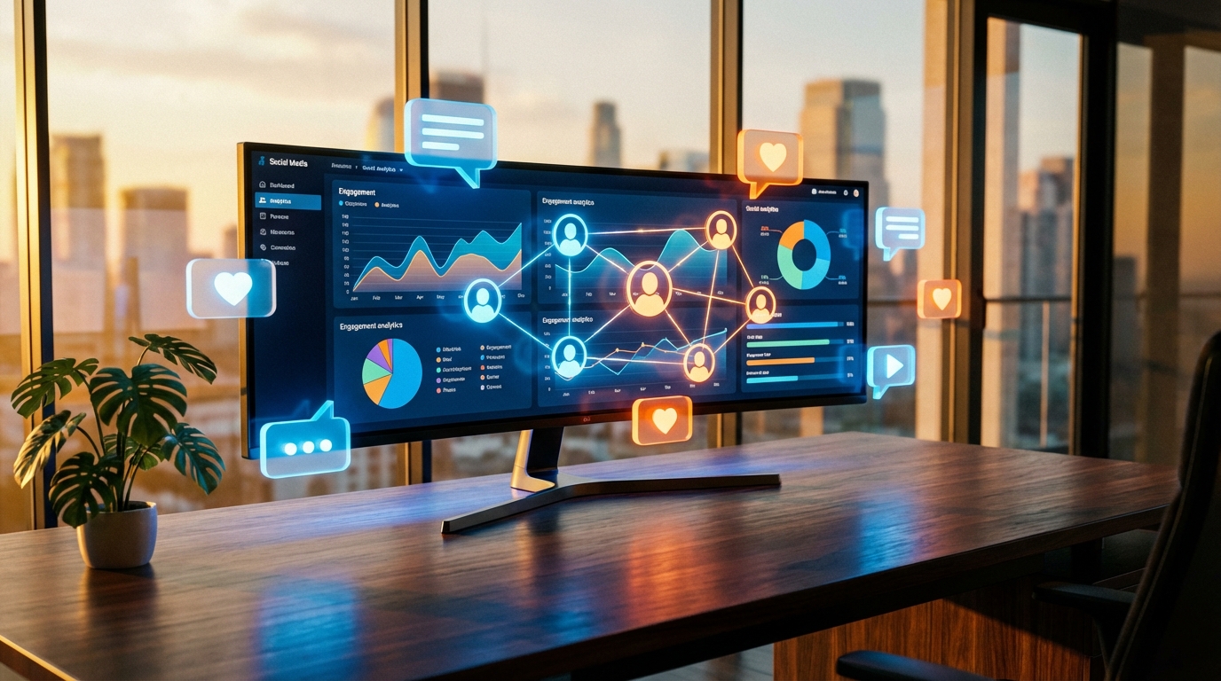 Moderner Arbeitsplatz mit Social-Media-Analytics-Dashboard und holografischen Engagement-Symbolen bei Abendlicht