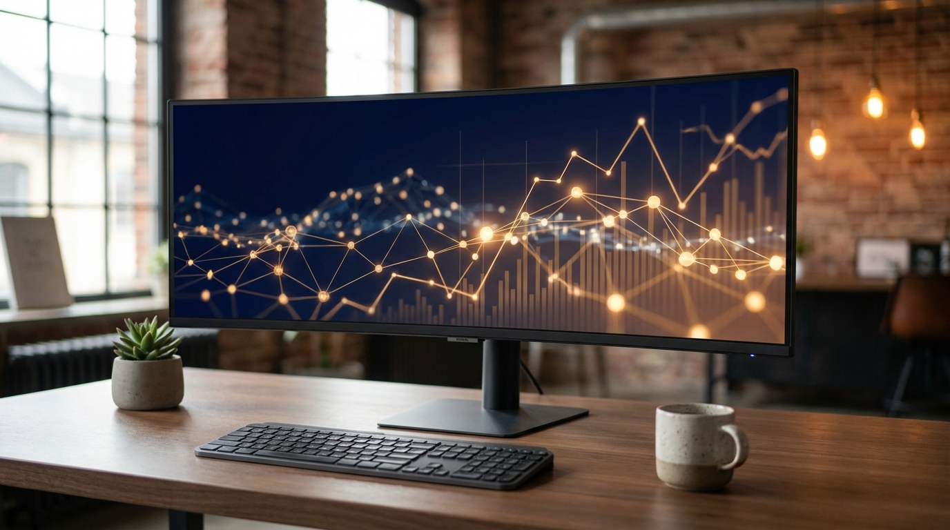 Moderner Arbeitsplatz mit Monitor, der leuchtende Netzwerkgrafiken und steigende Kurven zeigt