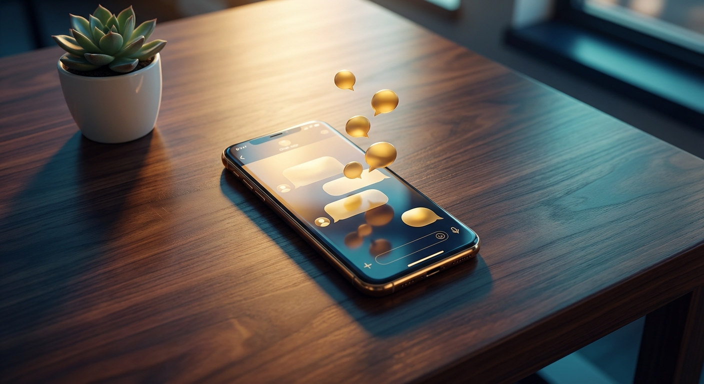 Smartphone auf dunklem Schreibtisch mit goldenen Chat-Blasen, die wie aufsteigendes Gold leuchten