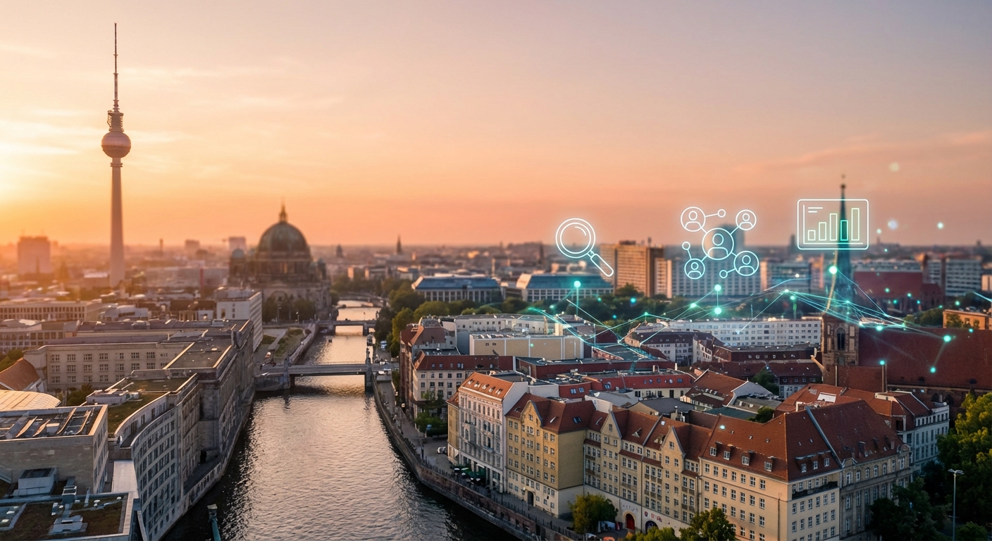 Berliner Skyline bei Sonnenuntergang mit abstrakten digitalen Marketingelementen als Hologramm-Overlay