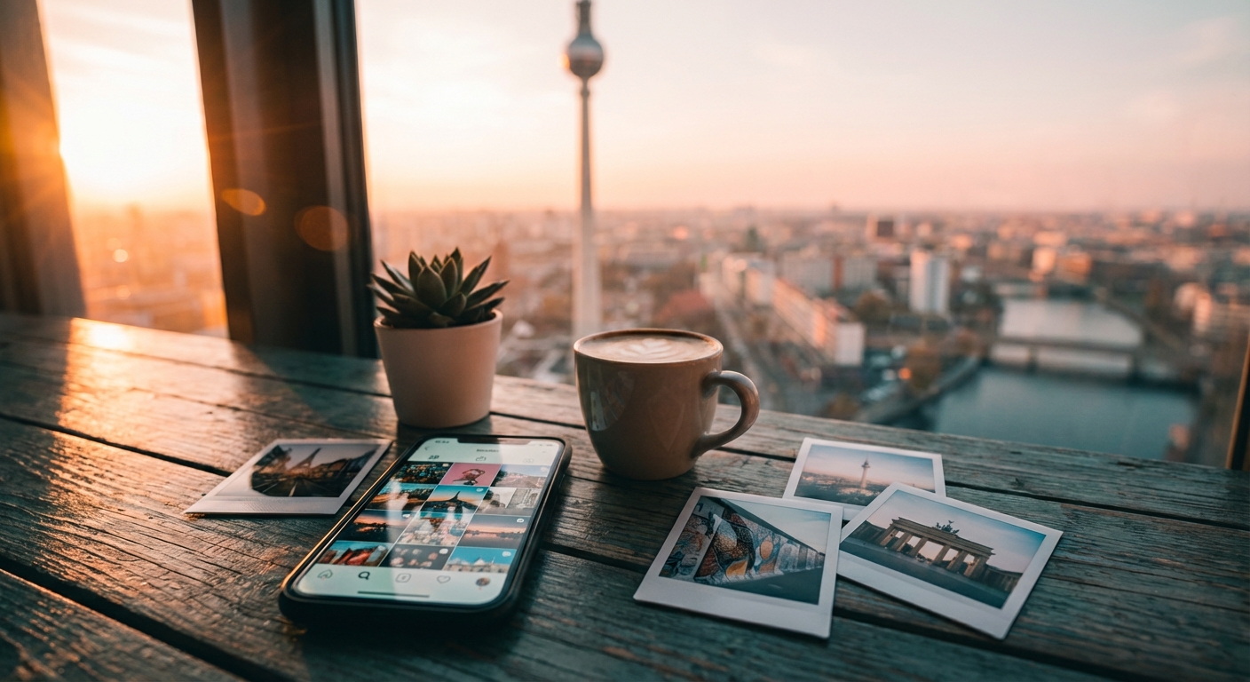 Smartphone mit Social-Media-Feed auf einem Arbeitsplatz vor der Berliner Skyline bei Sonnenuntergang