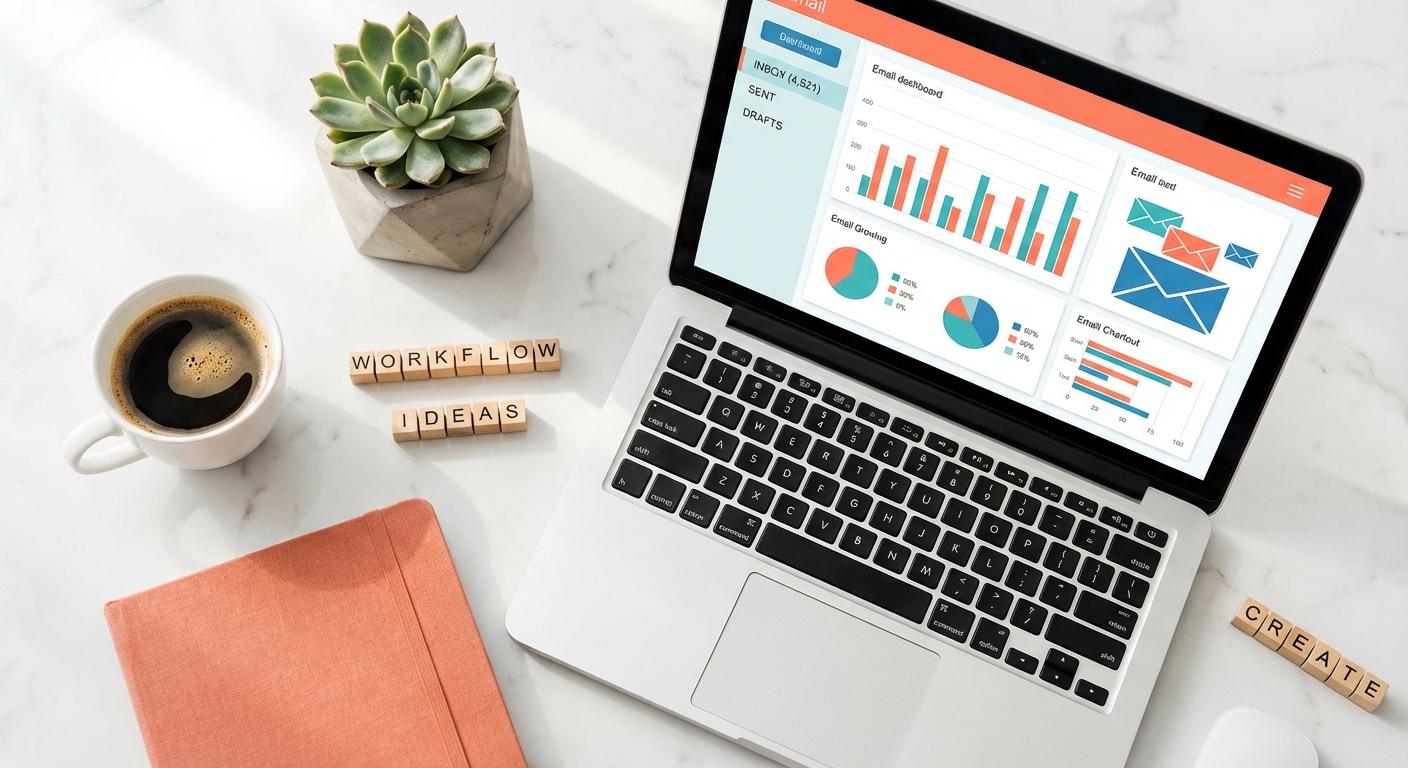 Schreibtisch-Flatlay mit Laptop, E-Mail-Dashboard, Kaffee und Notizbuch im Morgenlicht