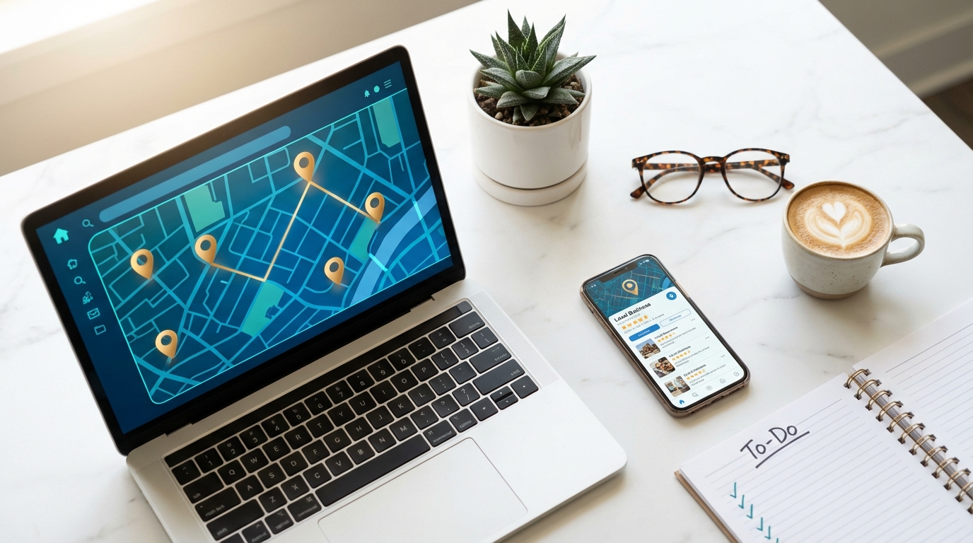 Schreibtisch mit Laptop und Smartphone zeigt Kartenansicht mit Standort-Pins für lokale Unternehmenssuche