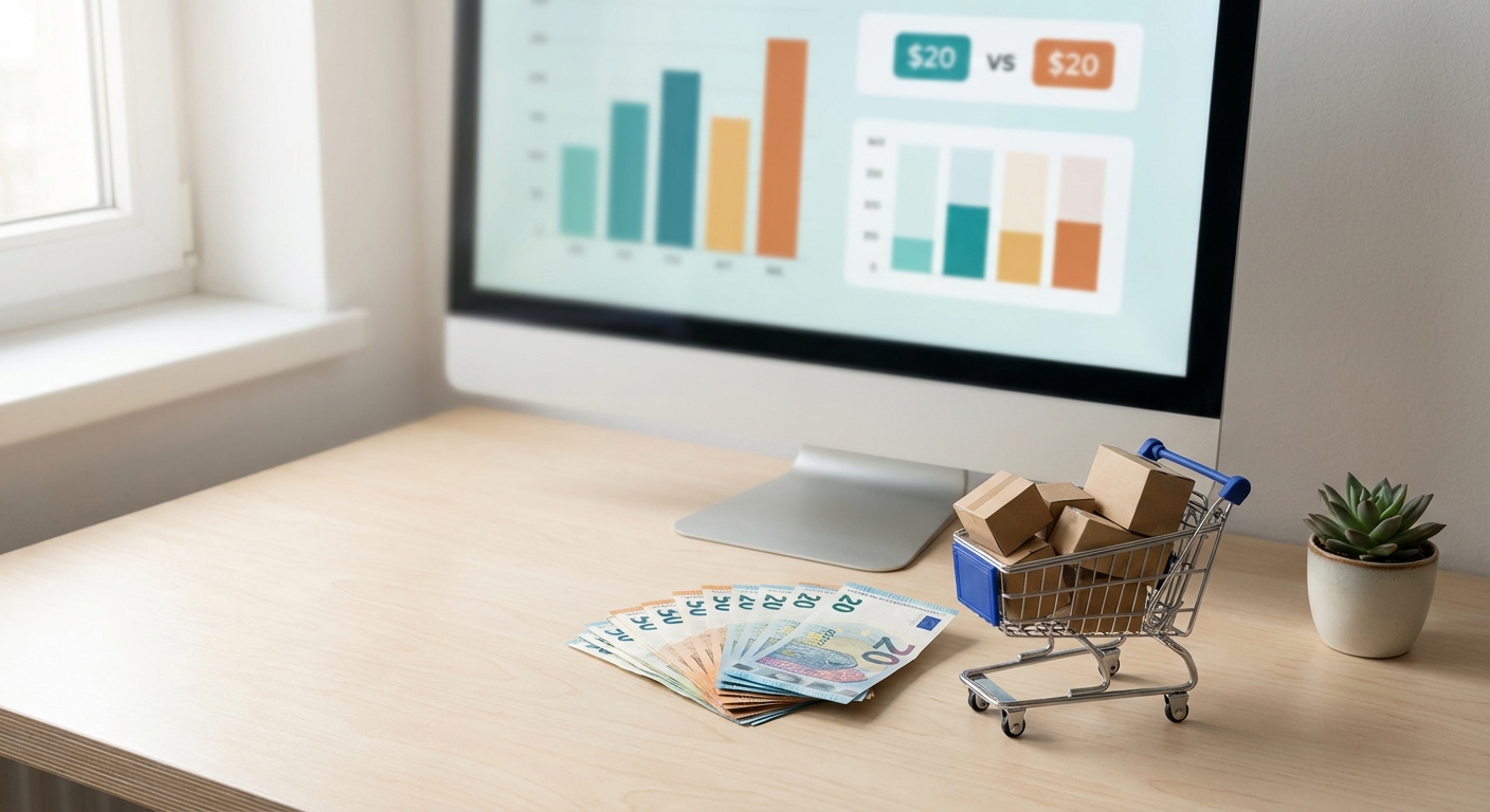 Schreibtisch mit Monitor, Euro-Scheinen und Mini-Einkaufswagen als Symbol für Webshop-Kosten