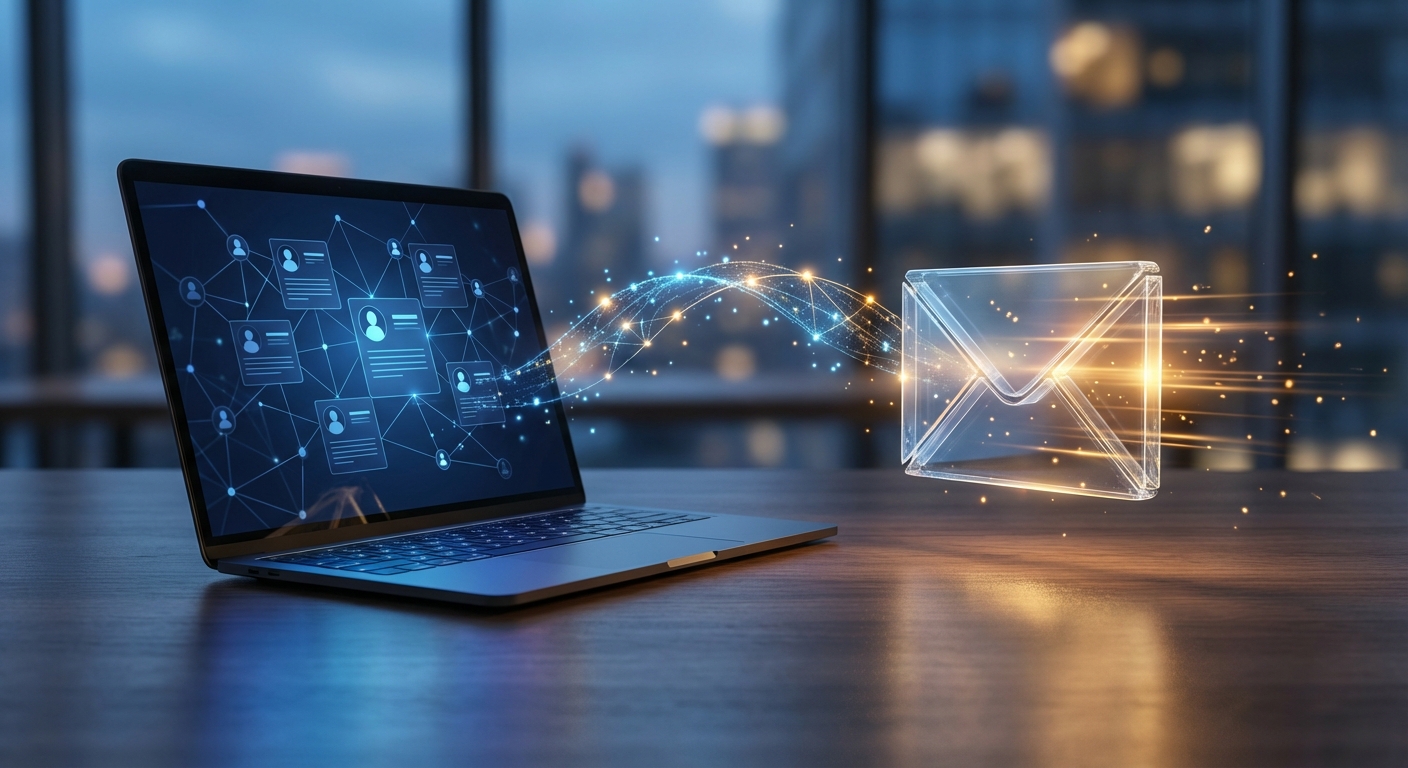 Laptop mit Netzwerk-Darstellung und leuchtender E-Mail-Holografie auf dunklem Schreibtisch bei Abendlicht