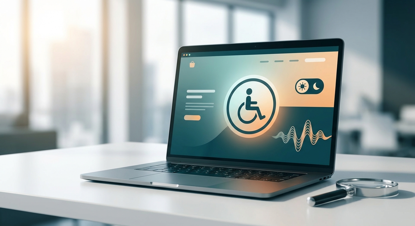 Laptop auf Schreibtisch zeigt barrierefreie Webshop-Oberfläche mit Accessibility-Symbolen