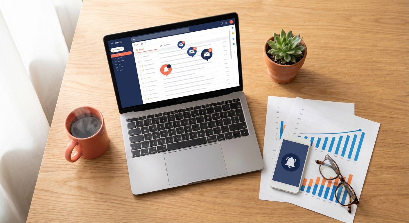 Schreibtisch mit Laptop, E-Mail-Posteingang, Analysecharts und Kaffeetasse in warmem Morgenlicht