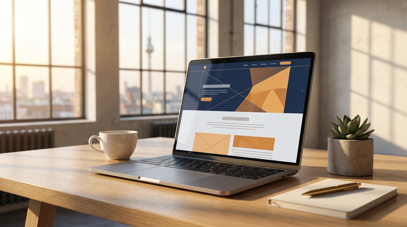 Moderner Laptop mit Website-Entwurf auf Holzschreibtisch vor Berliner Skyline im warmen Abendlicht