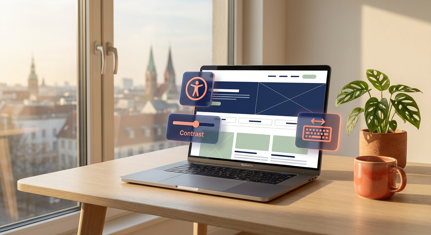 Laptop mit barrierefreien Website-Elementen auf einem Schreibtisch vor unscharfer Berliner Skyline