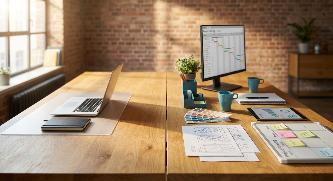 Schreibtisch mit zwei Setups symbolisiert die Wahl zwischen Freelancer und Agentur für Webprojekte