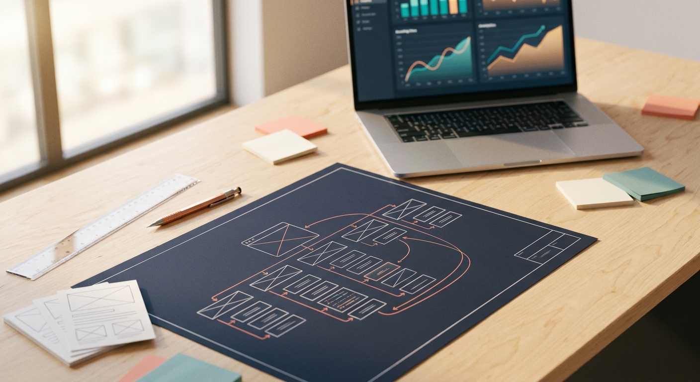 Schreibtisch mit Website-Strukturplan, Wireframe-Skizzen und Analytics-Laptop in warmem Morgenlicht