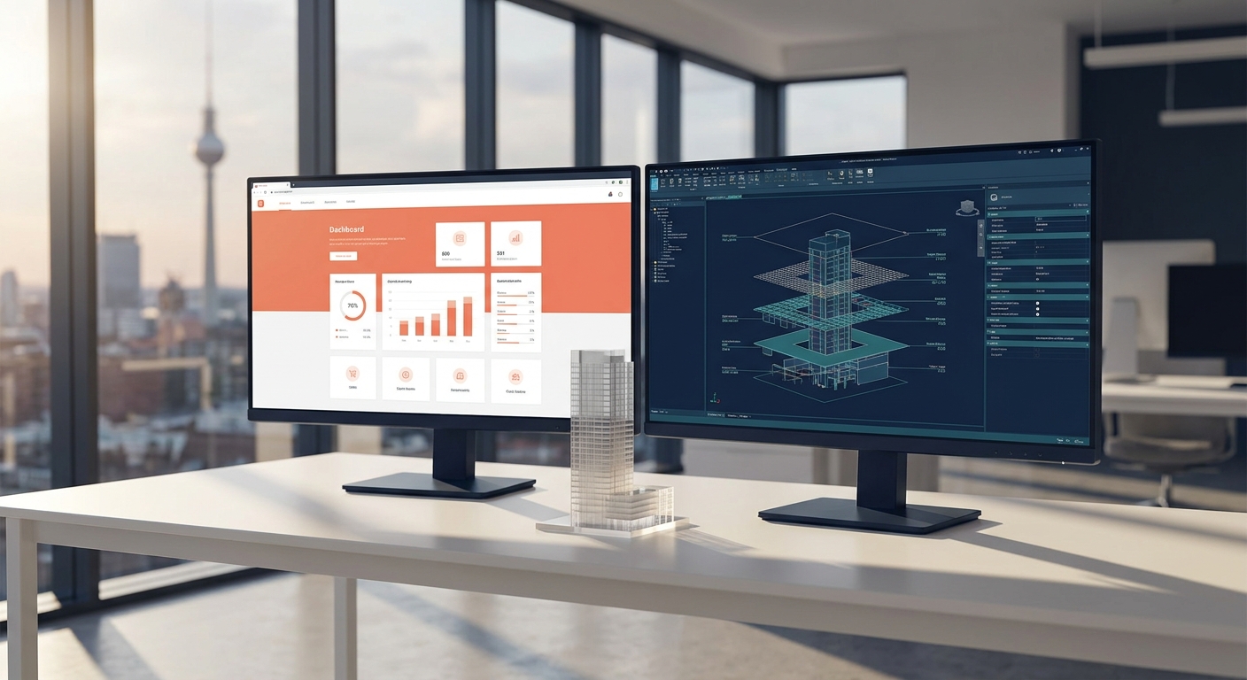 Zwei Monitore mit unterschiedlichen CMS-Oberflächen auf modernem Schreibtisch im Büro mit Stadtblick