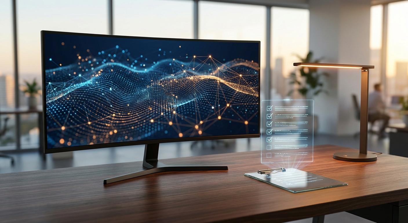 Moderner Arbeitsplatz mit Monitor, der vernetzte Datenströme zeigt, symbolisch für SEO-Relaunch-Planung