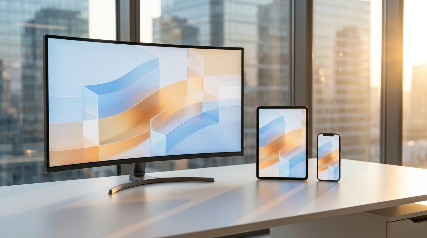 Monitor, Tablet und Smartphone zeigen dasselbe responsive Layout auf einem modernen Schreibtisch vor Stadtkulisse