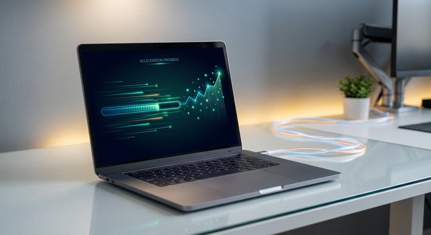 Laptop auf modernem Schreibtisch zeigt abstrakte Performance-Visualisierung mit Geschwindigkeitssymbolik