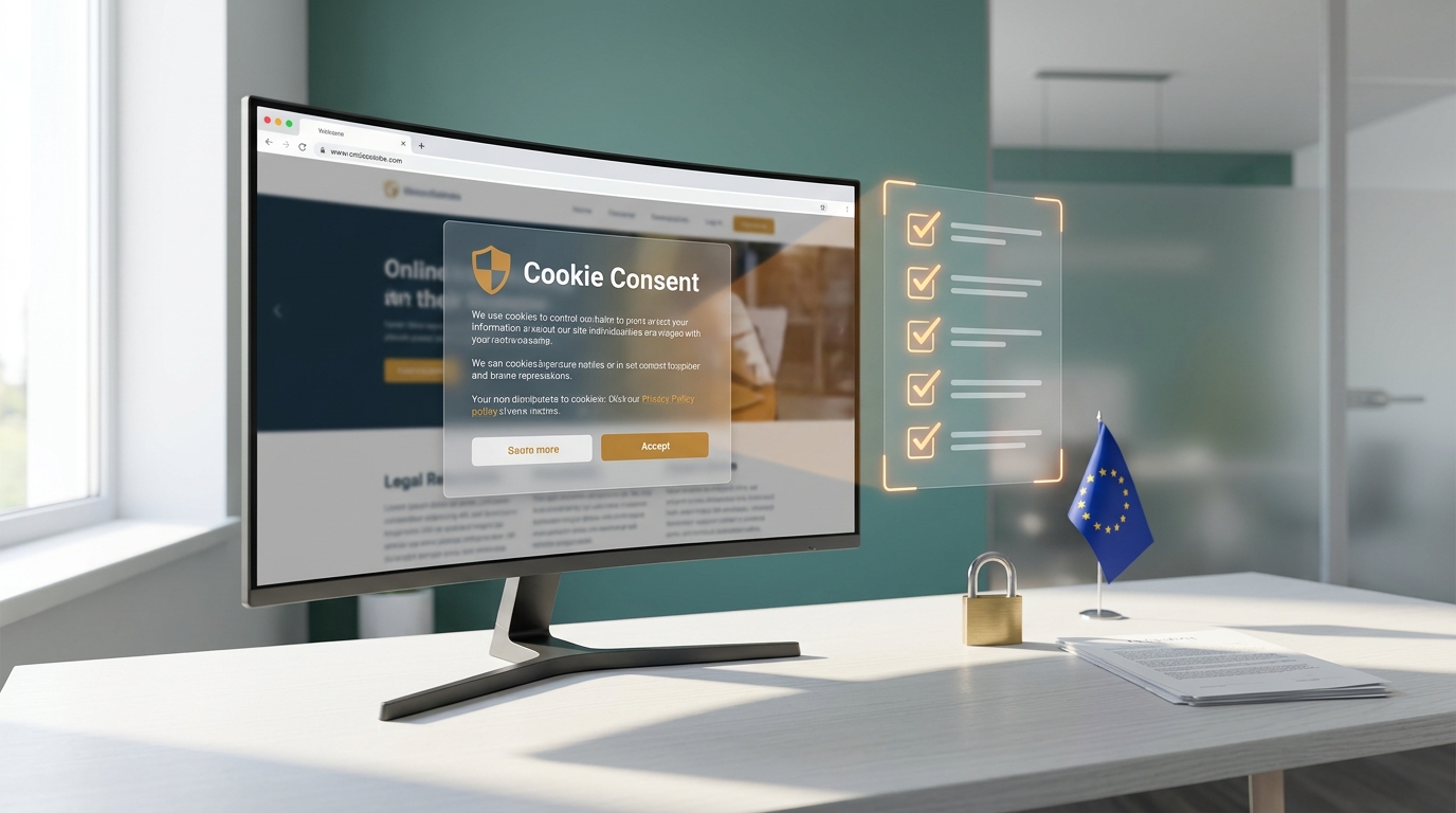 Schreibtisch mit Monitor, der eine Website mit Cookie-Banner zeigt, daneben schwebt eine leuchtende Checkliste