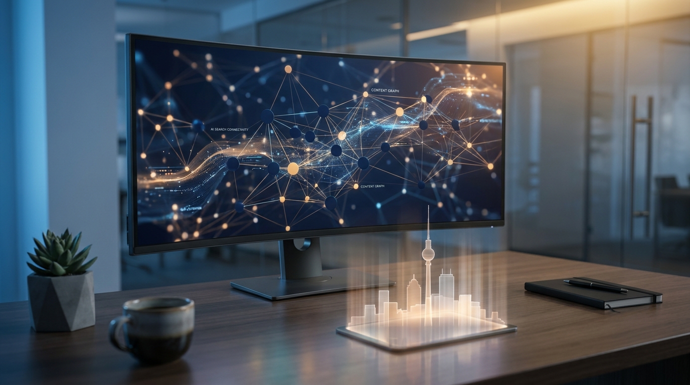 Moderner Arbeitsplatz mit Monitor, der ein leuchtendes KI-Netzwerk zeigt, und holografischer Berliner Skyline