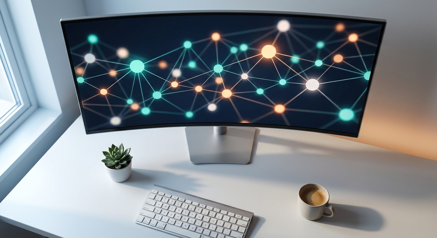 Monitor zeigt leuchtende KI-Netzwerkvisualisierung mit hervorgehobenen Knotenpunkten auf modernem Schreibtisch