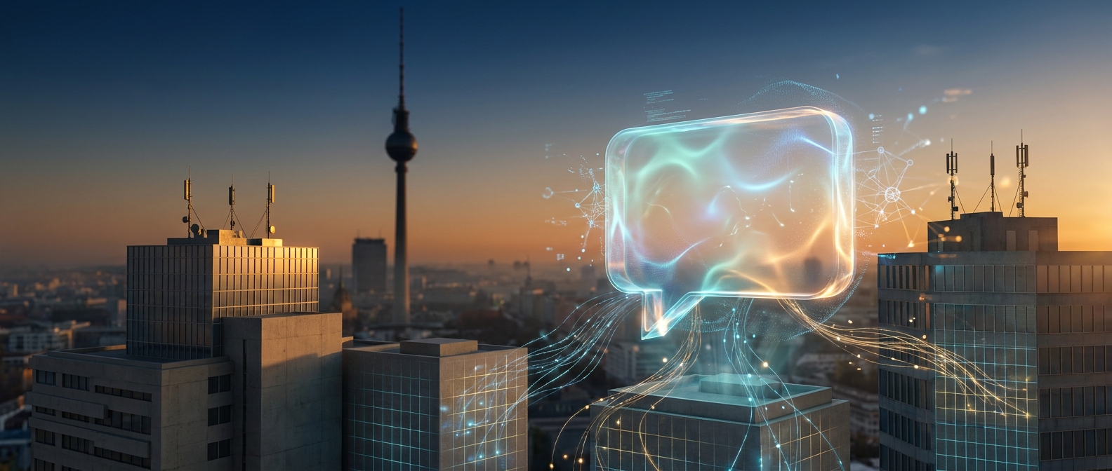 Futuristische Berliner Skyline mit schwebendem holografischem Chat-Symbol und digitalen Datenströmen bei Dämmerung