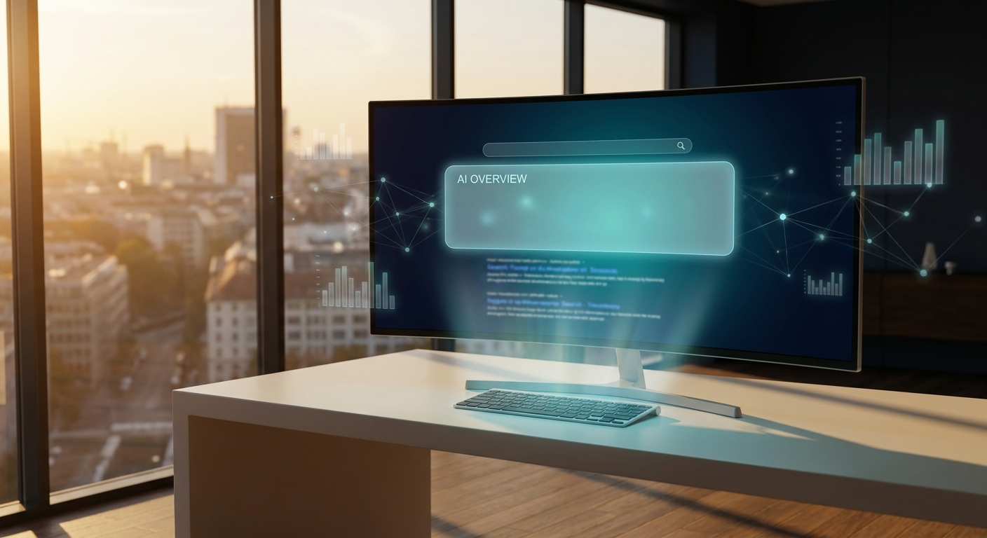 Monitor zeigt leuchtende KI-Antwortbox über klassischen Suchergebnissen, Berliner Skyline im Hintergrund