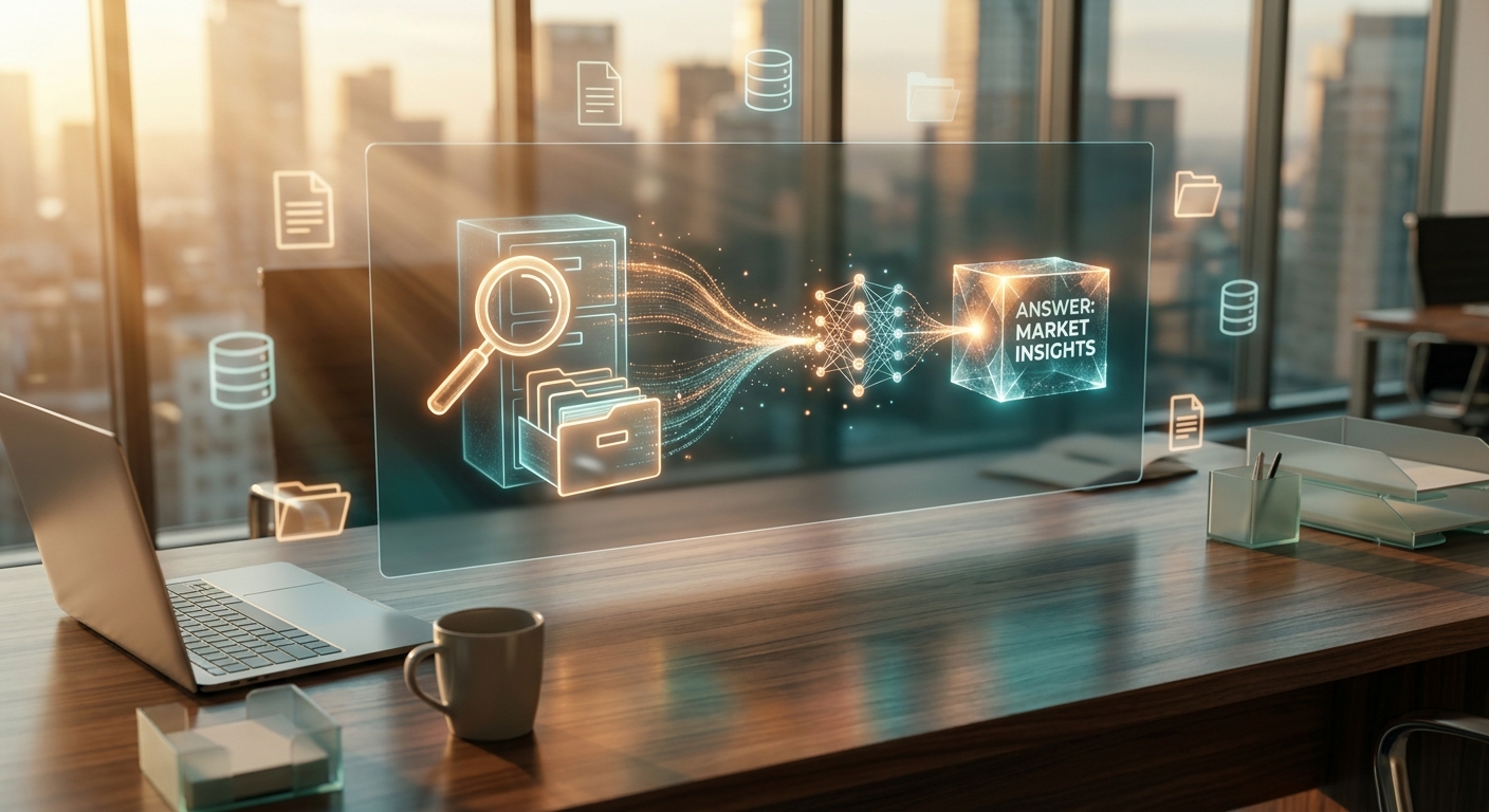 Holografische Darstellung eines dreistufigen Datenprozesses über einem modernen Schreibtisch bei Abendlicht