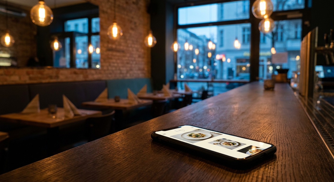 Smartphone mit eleganter Restaurant-Website auf dunklem Holztresen in stimmungsvoll beleuchtetem Berliner Restaurant