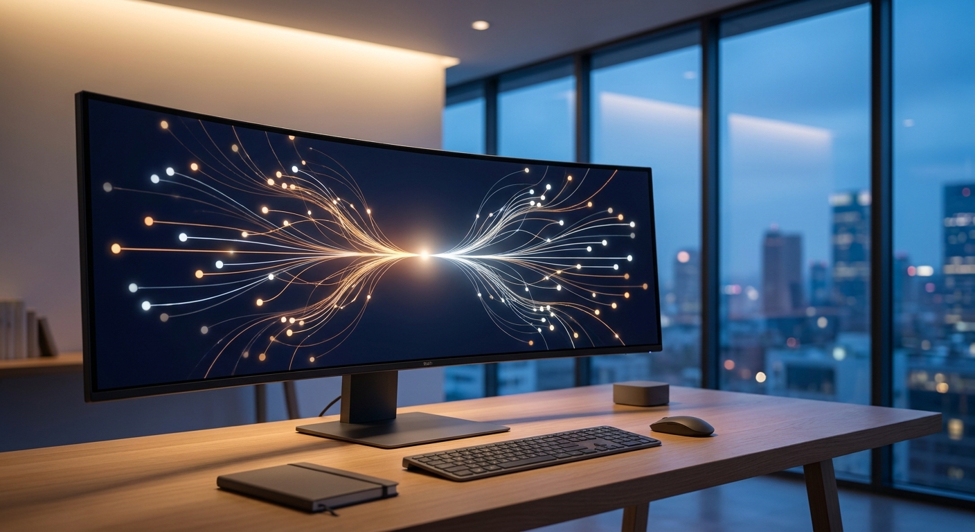Moderner Arbeitsplatz mit Bildschirm, der abstrakte Datenvisualisierung vernetzter Suchpfade zeigt