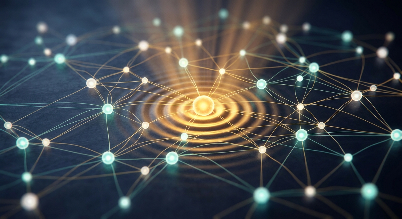 Leuchtendes Netzwerk mit einem hell strahlenden zentralen Knotenpunkt, der Markensichtbarkeit in KI-Systemen symbolisiert