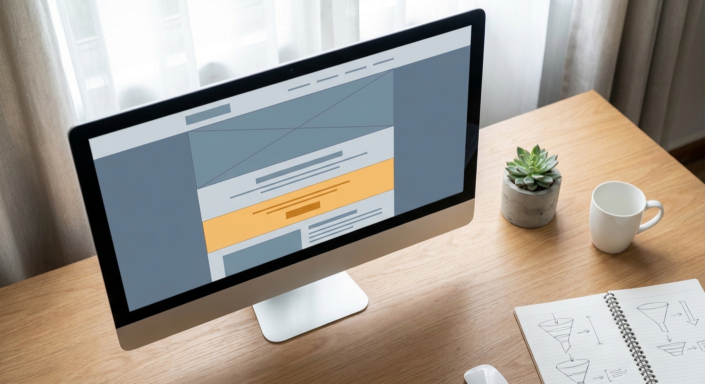 Minimalistischer Arbeitsplatz mit Monitor, der ein Landingpage-Wireframe zeigt, Notizbuch und Kaffeetasse