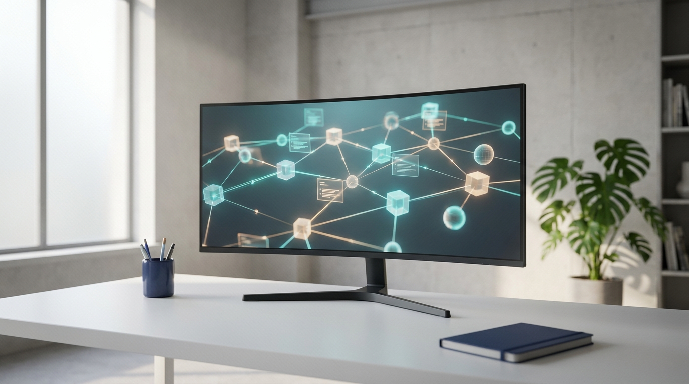 Monitor zeigt vernetztes 3D-Produktdaten-Netzwerk auf minimalistischem Schreibtisch mit weichem Fensterlicht