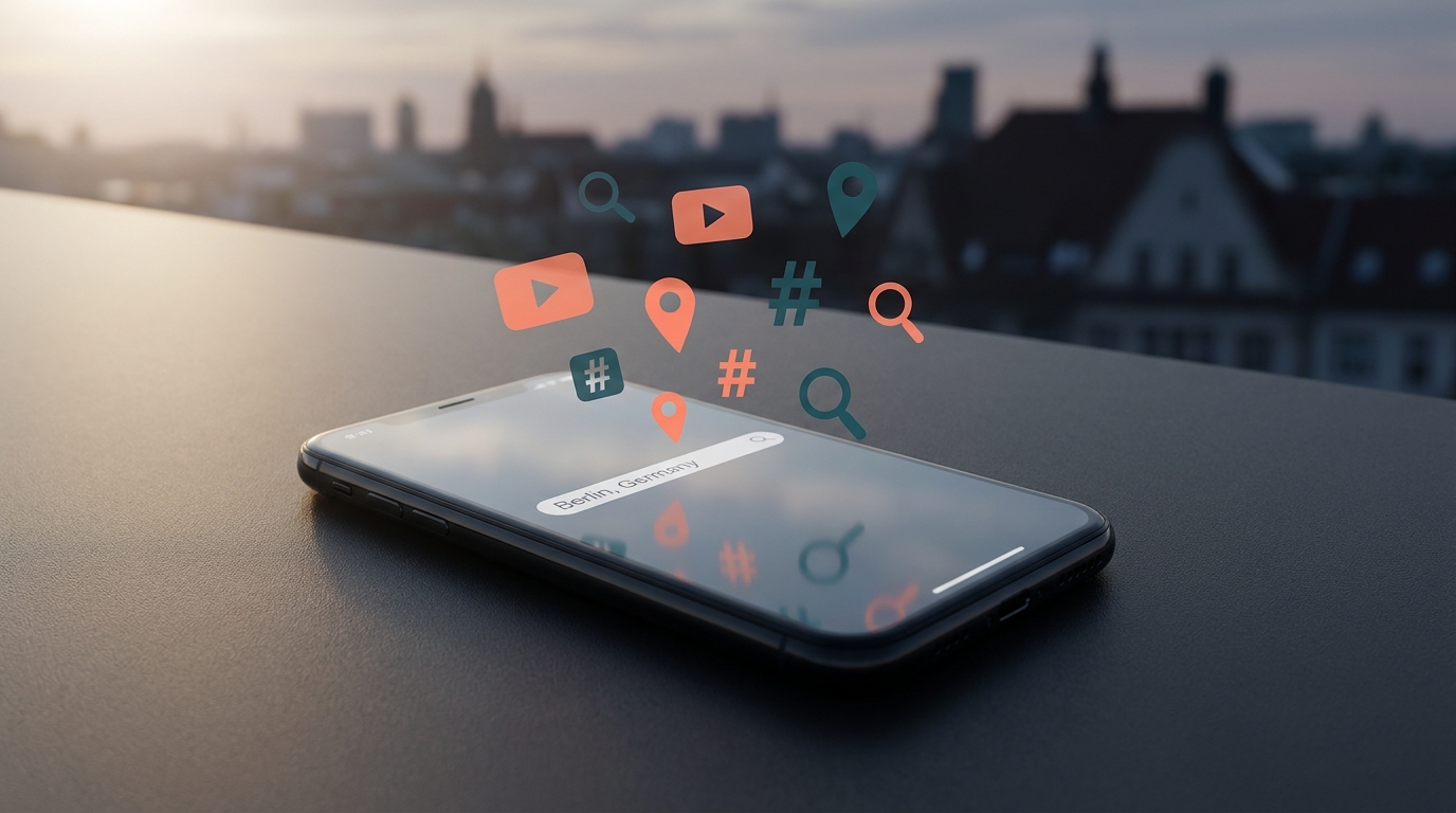 Smartphone auf dunklem Schreibtisch mit leuchtenden Such- und Social-Media-Symbolen über dem Display
