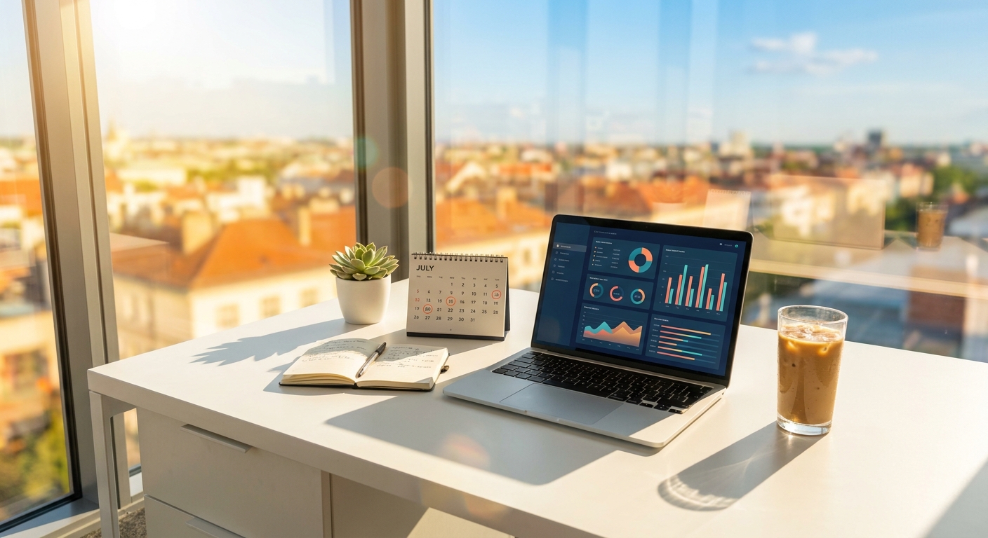 Sonnendurchfluteter Arbeitsplatz mit Laptop, Notizbuch und Eiskaffee im Sommer