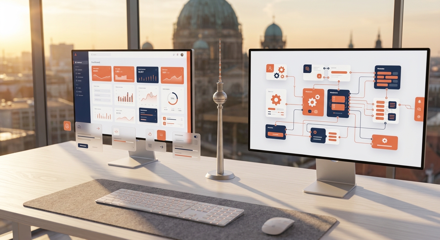Moderner Arbeitsplatz mit zwei Monitoren, Dashboard-Ansichten und Berliner Fernsehturm-Modell auf dem Schreibtisch