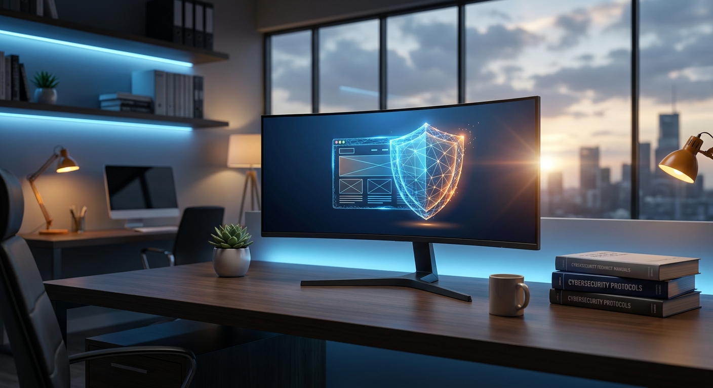 Moderner Arbeitsplatz mit Monitor, der ein digitales Schutzschild über einer Website-Darstellung zeigt