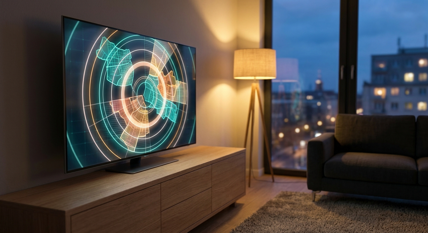 Smart-TV in modernem Wohnzimmer zeigt abstrakte Geo-Targeting-Visualisierung mit Stadtsilhouette im Hintergrund