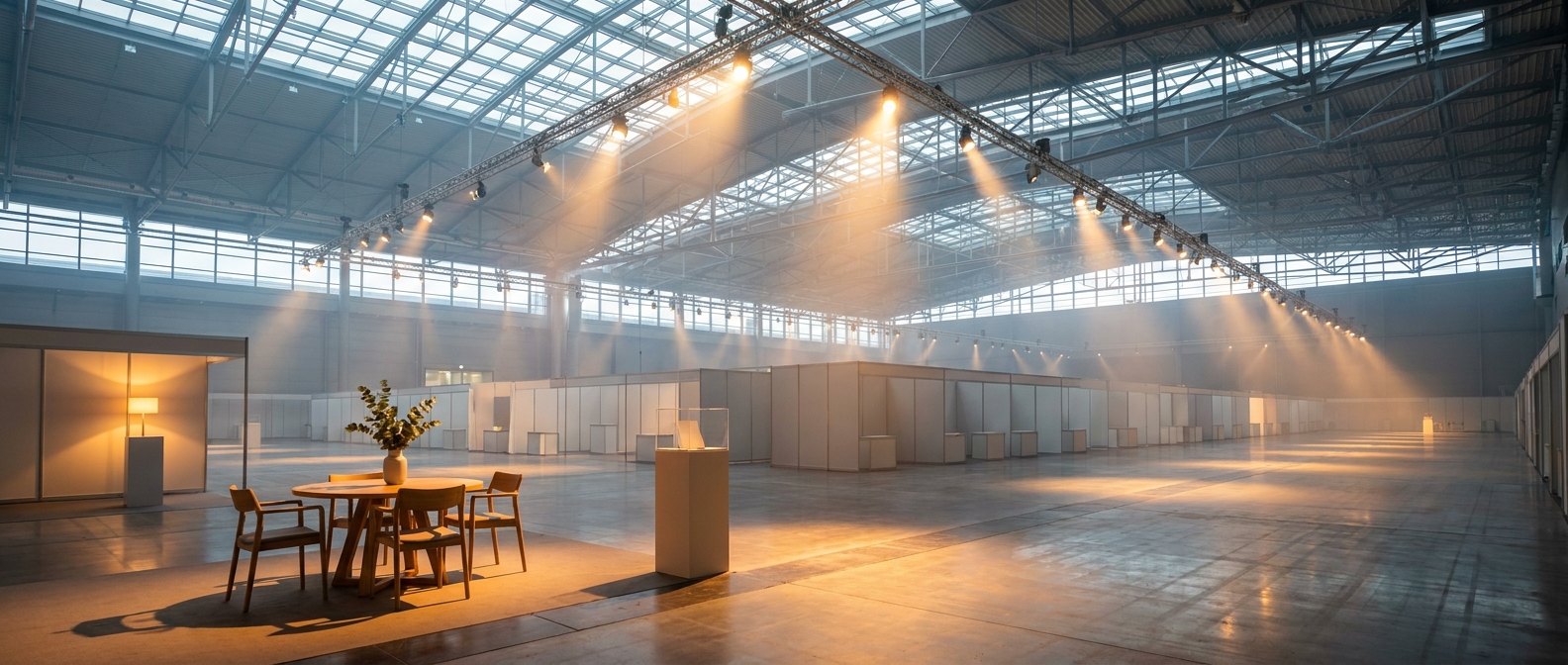 Moderne Messehalle mit beleuchteten Ausstellungsständen in warmem Morgenlicht vor Veranstaltungsbeginn