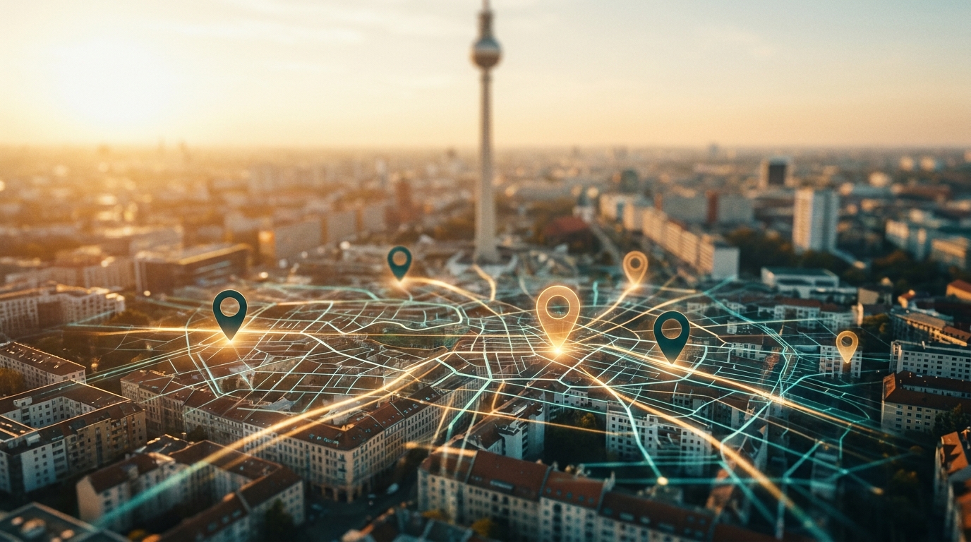 Luftaufnahme von Berlin bei Sonnenuntergang mit digitalen Standortmarkern über verschiedenen Stadtteilen