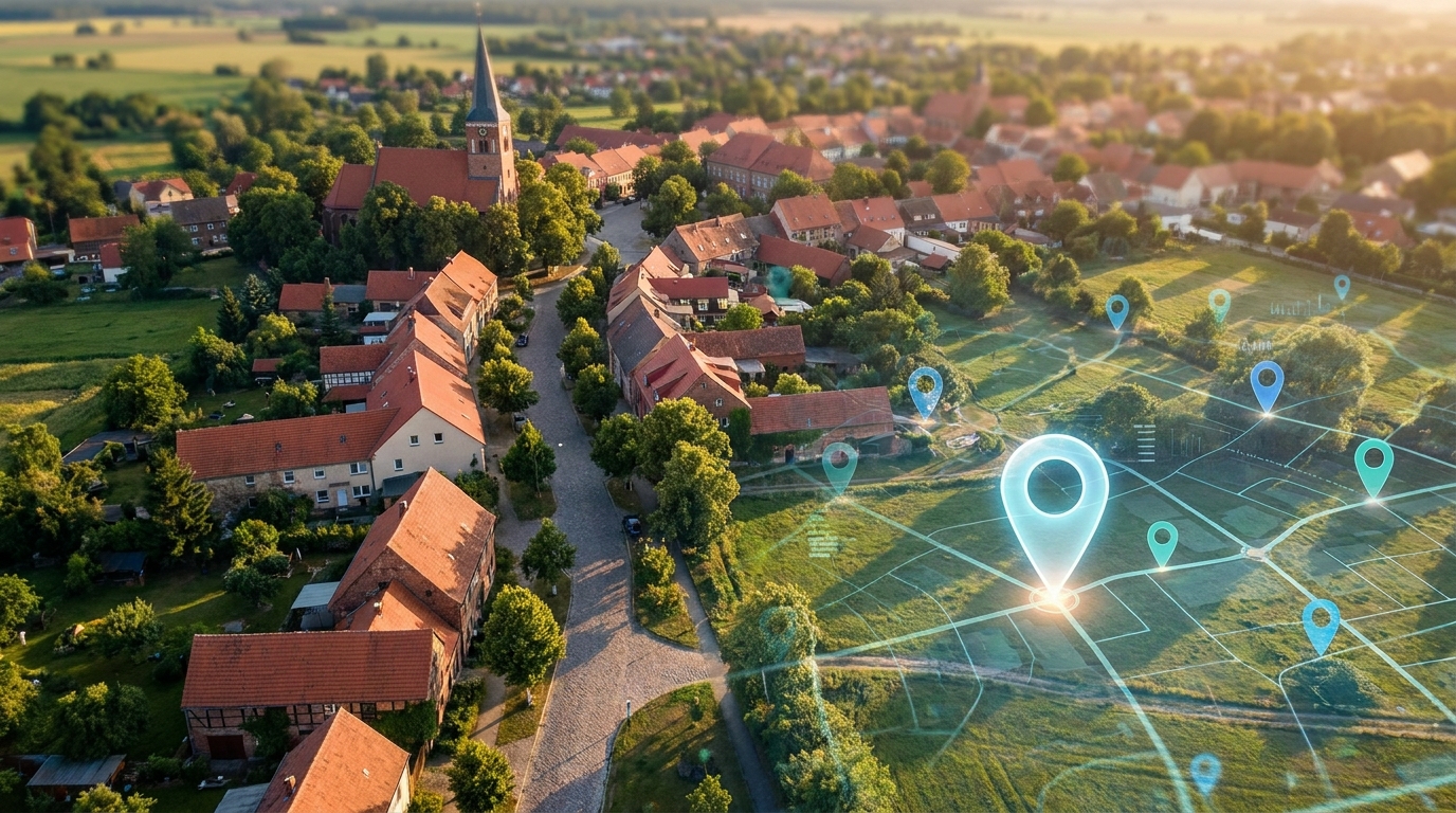 Luftaufnahme einer brandenburgischen Kleinstadt mit digitalen Standort-Pins auf einer Kartenüberlagerung