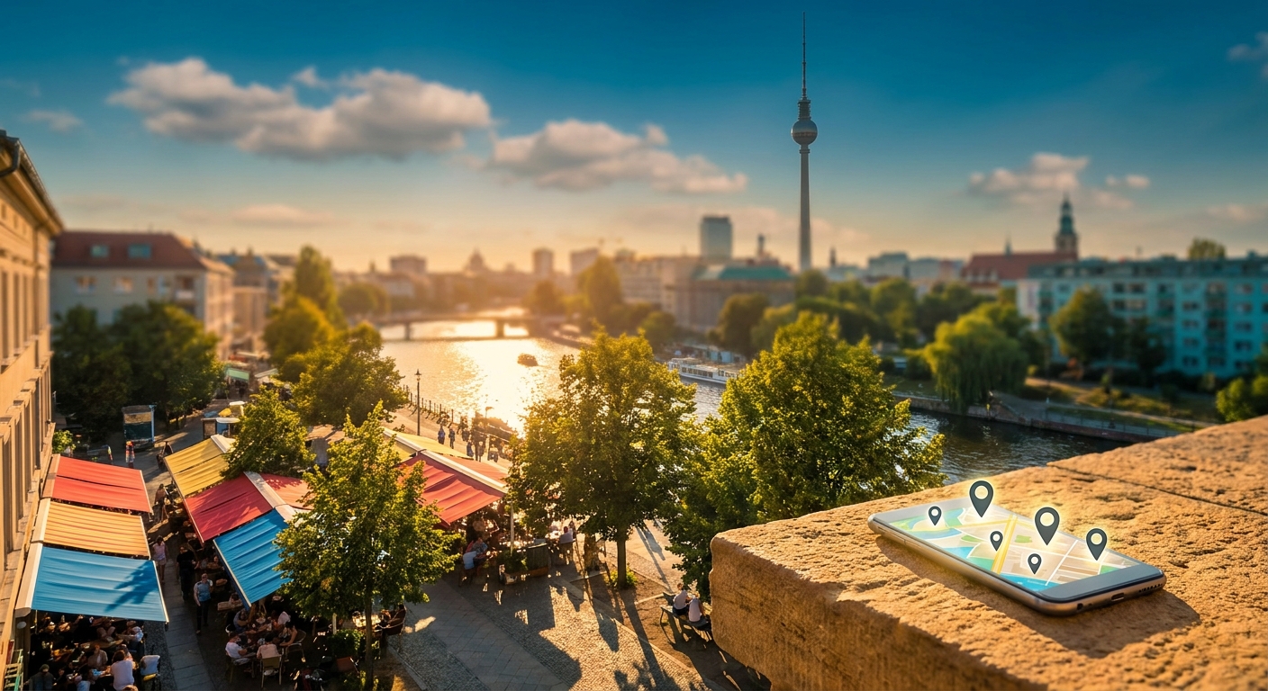 Sommerliches Berlin-Panorama mit Fernsehturm, Straßencafés und Smartphone mit Kartenansicht auf einem Tisch