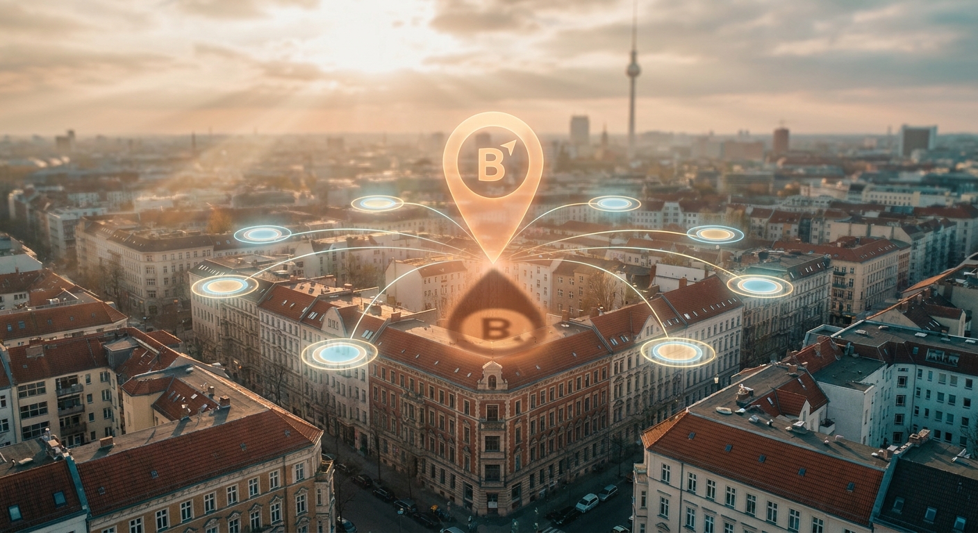Goldene Stunde über Berliner Altbau-Dächern mit schwebendem digitalem Standort-Pin und acht leuchtenden Knotenpunkten