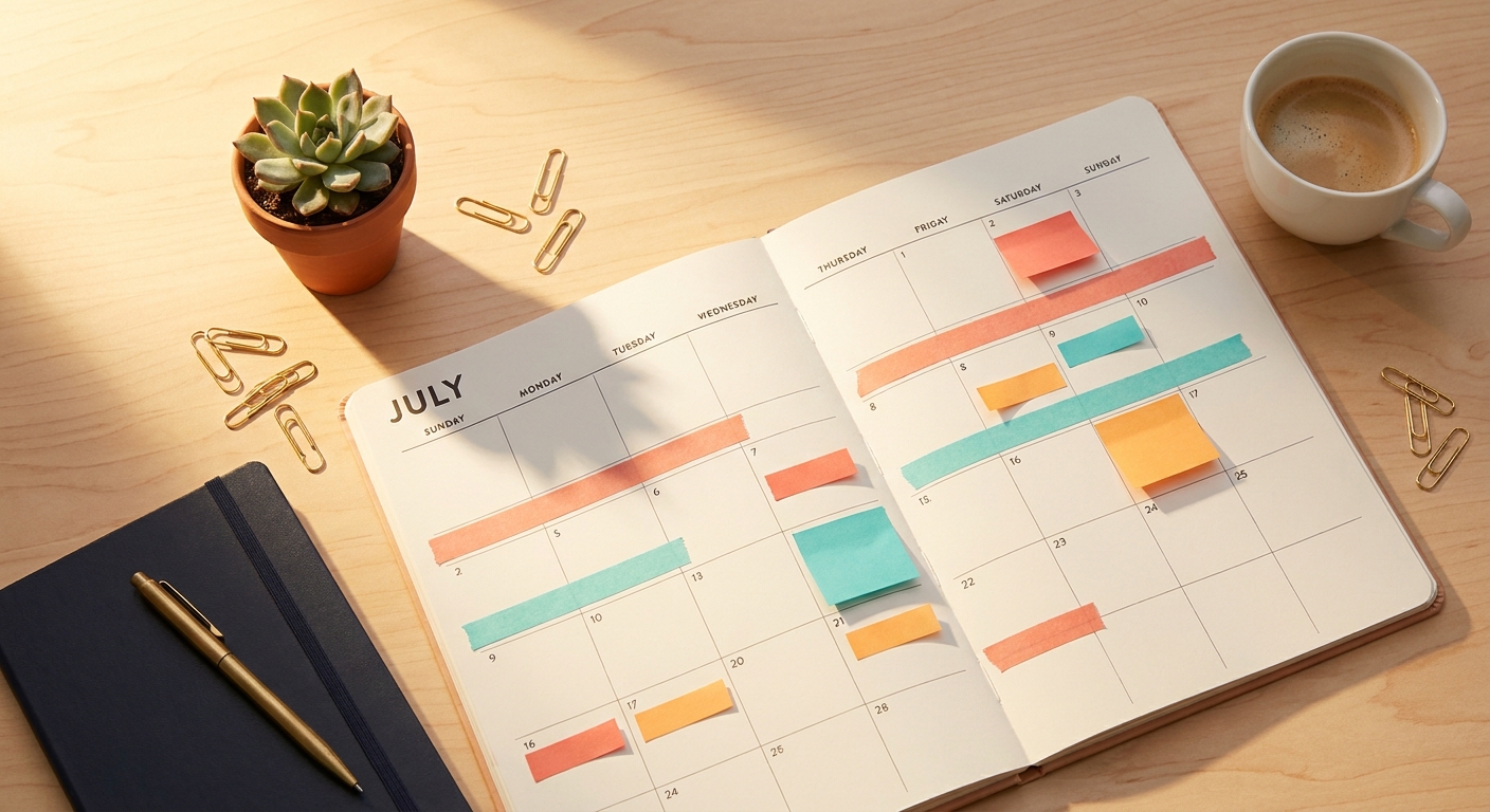 Schreibtisch-Draufsicht mit Juli-Kalender, bunten Haftnotizen und Planungsmaterialien im Sonnenlicht