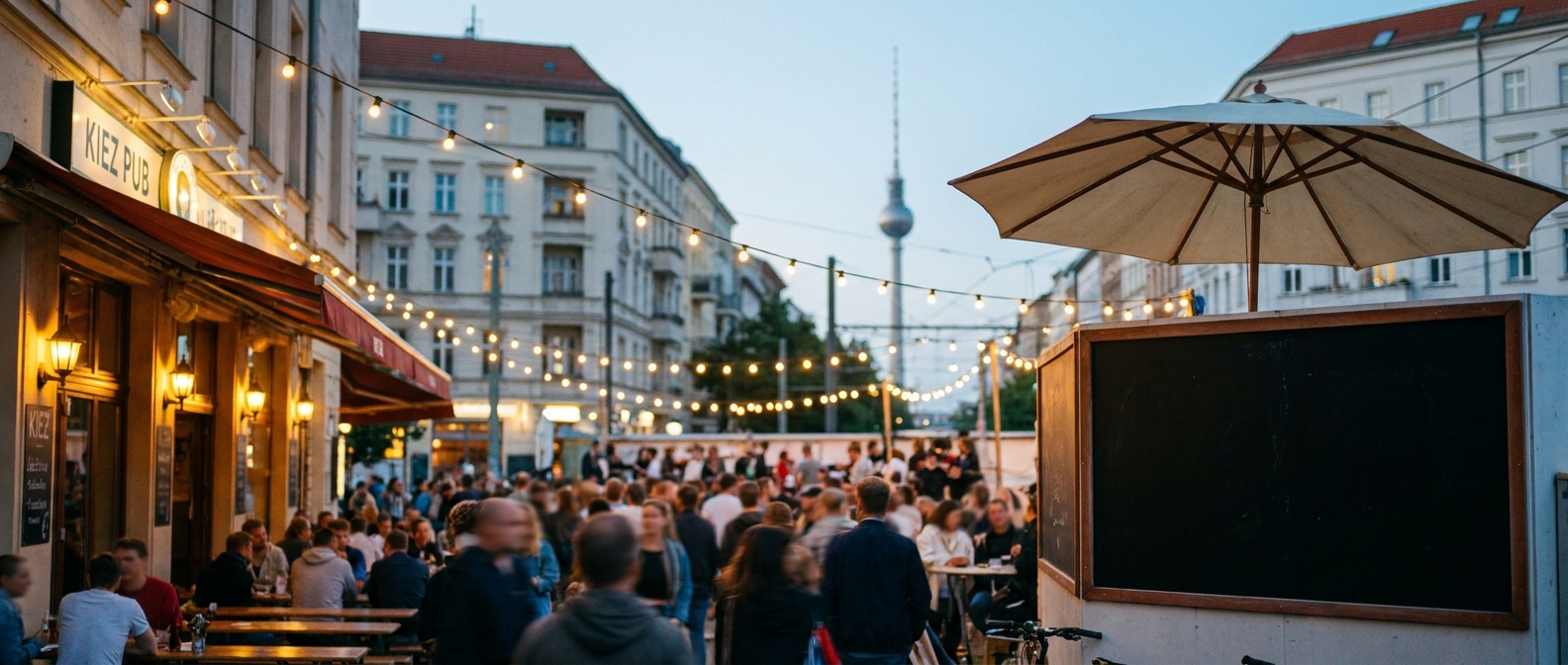 Berliner Kiez-Gastronomie mit Public-Viewing-Atmosphäre bei blauer Stunde
