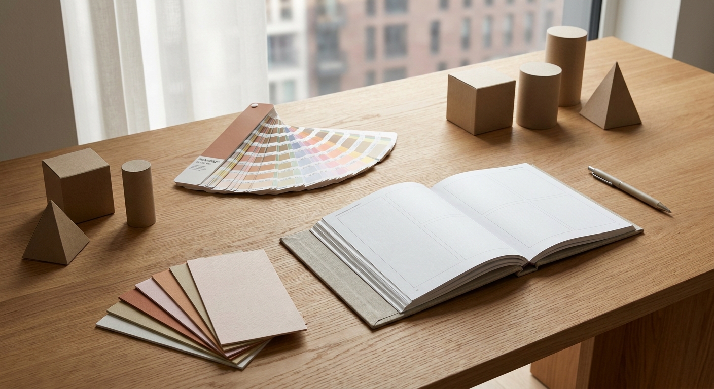 Design-Arbeitsplatz mit Farbfächern und Markenmustern in abgestimmter Farbwelt