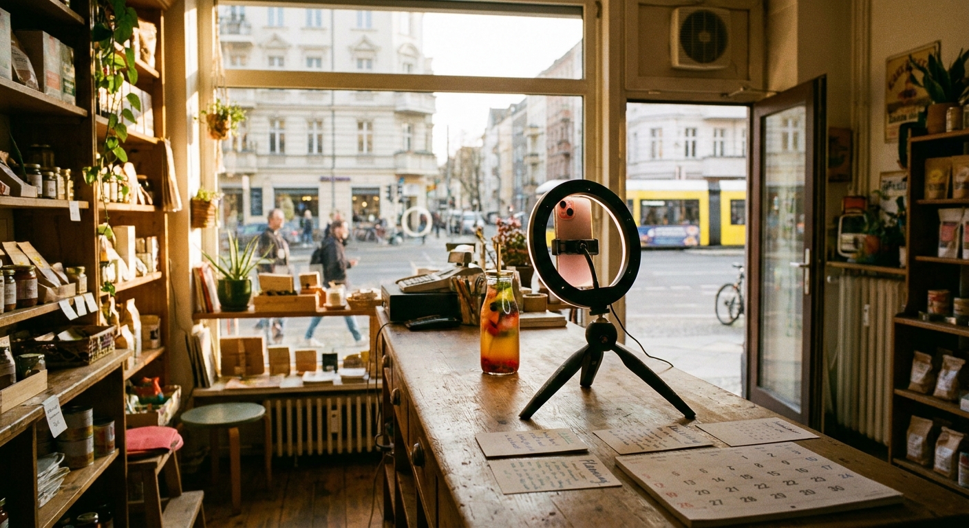 Smartphone-Stativ filmt buntes Getränk auf Tresen eines Berliner Ladens im Nachmittagslicht