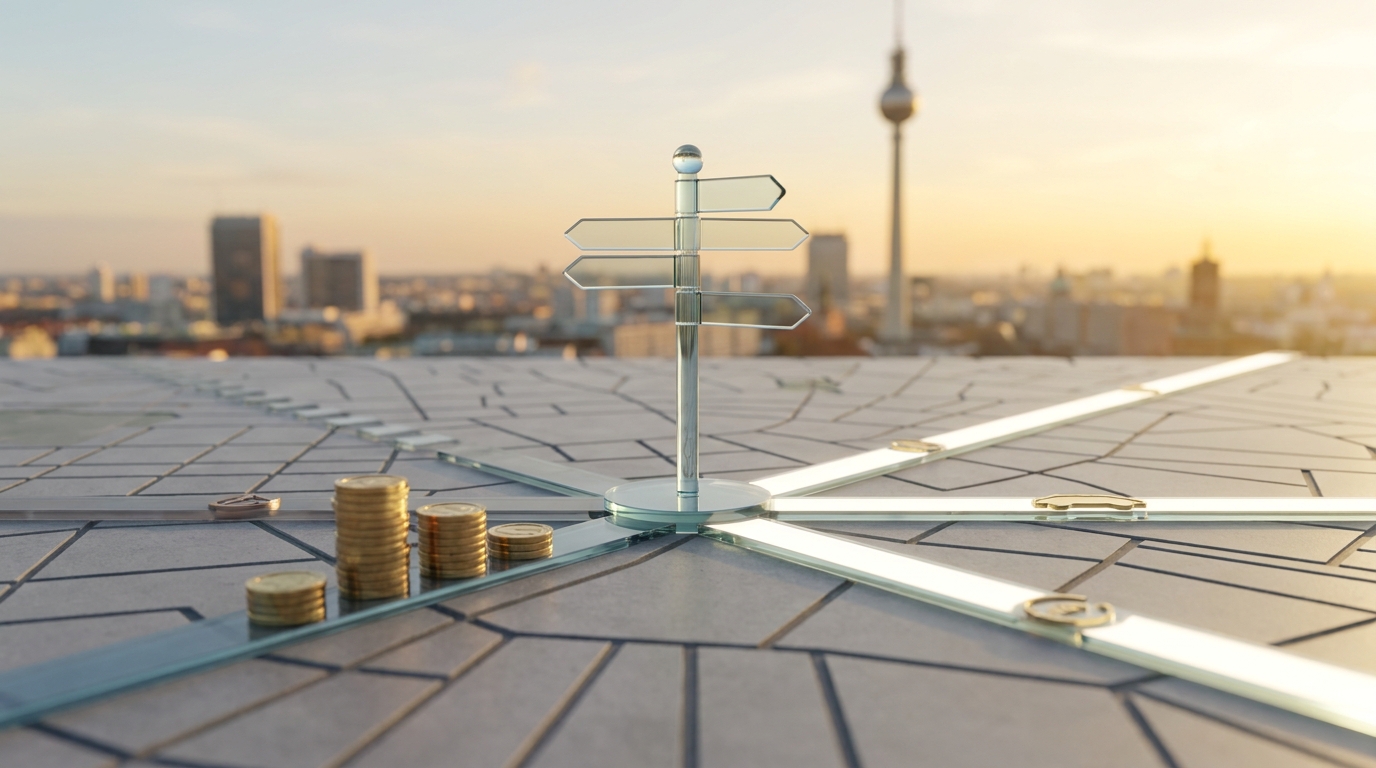 Verzweigte Wege auf Berliner Stadtmodell symbolisieren Förderentscheidungen für digitales Marketing 2026