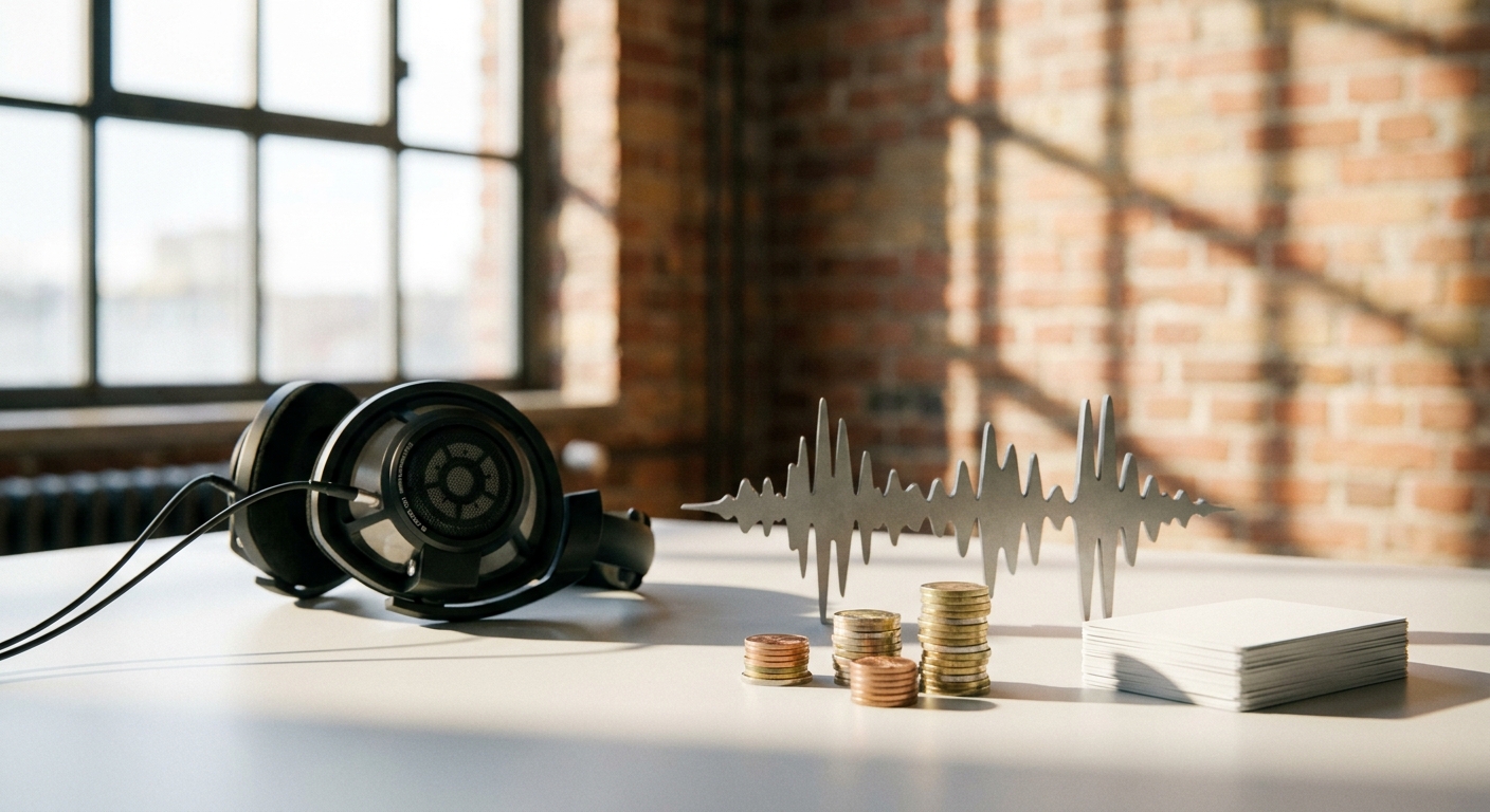 Kopfhörer, Audio-Wellenform-Skulptur und gestaffelte Münzstapel auf hellem Schreibtisch in Berliner Loft